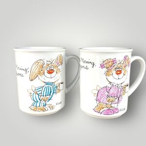 Good Morning Handsome and Gorgeous Set of 2 Message Mugs Japan 1980s Vintage
